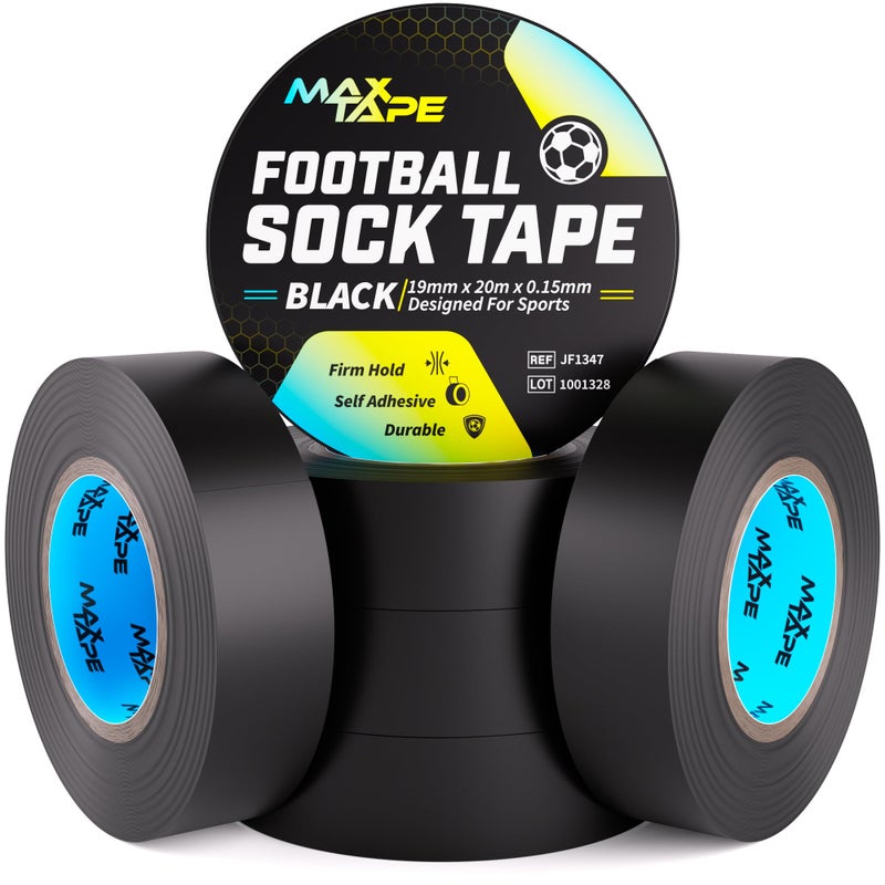 Max Tape Football Sock Tape, Shin Pad Tape Bandage 19mm x 20m Pack of 6 (Black)